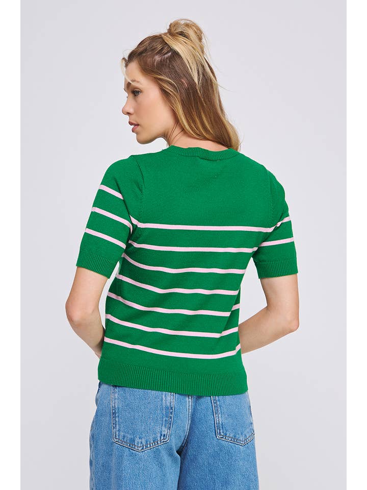 Allie Rose - Wholesale Knit Top - Women's - Soft Fine Gauge Short Slv Preppy Striped Top