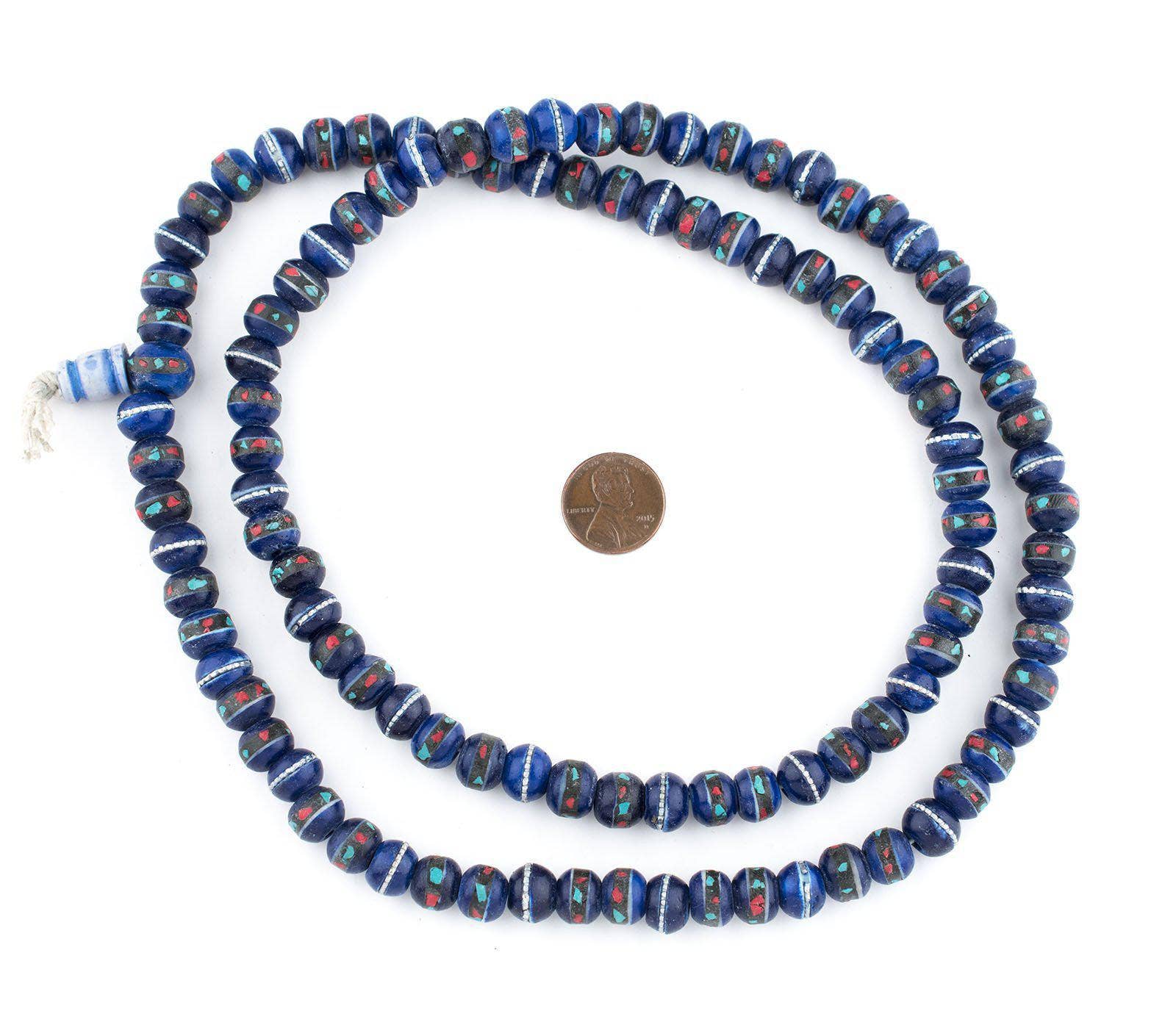 The Bead Chest - Wholesale Beads - 10mm Cobalt Blue Inlaid Yak Bone Mala Beads0