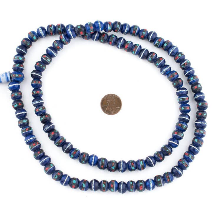 The Bead Chest - Wholesale Beads - 10mm Cobalt Blue Inlaid Yak Bone Mala Beads0