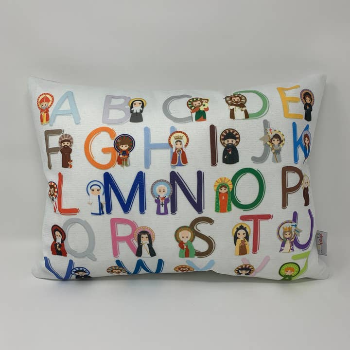 Saint ABC pillow. Catholic Saints pillow. Christian Catholic Gift. Baptism Gift. Saint pillow. Mother Teresa. JPII. St. Therese. ABC pillow. for wholesale by Meyer Market Designs