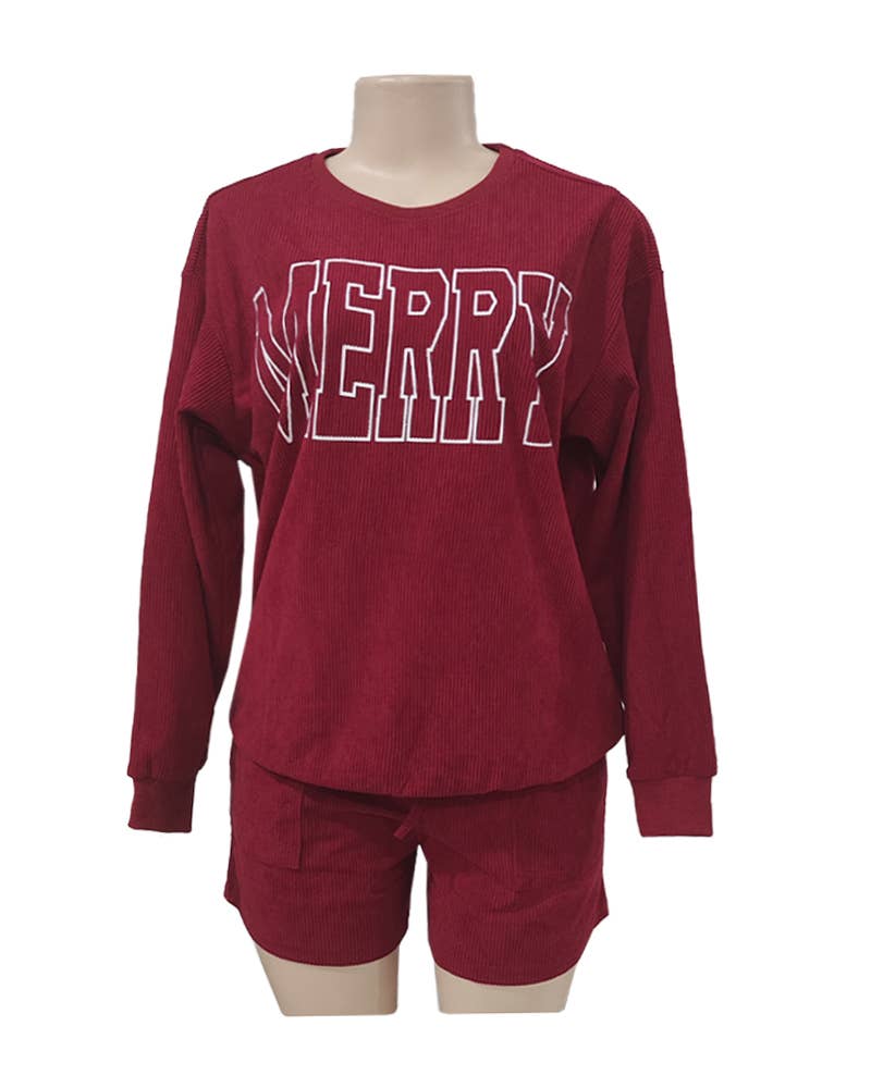 Rosa Clothing - Wholesale Top & Short Set (NOT Loungewear) - Women's - Merry Christmas Print Sweatshirt Shorts Casual Set4