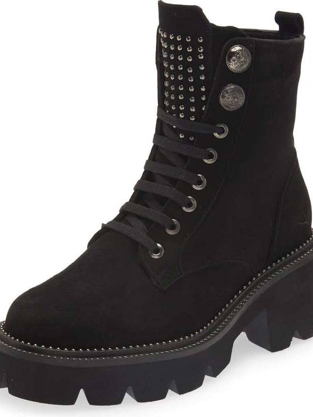 BOTTINES TRAY EN DAIM NOIR ET SEMELLE CRANTÉE NOIRE pour la vente par Sheridan Mia
