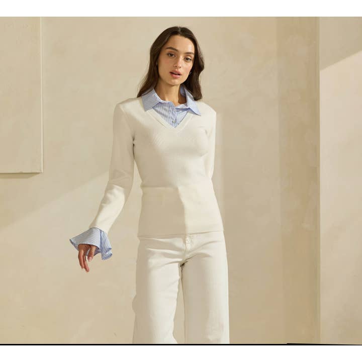 Ivory Sky Sweater Top with Contrast Neck & Cuffs for wholesale on Faire4