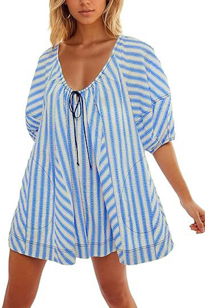 UNISHE - Wholesale Romper - Women's - Striped U Neck Front Tie Loose Romper ZK17010