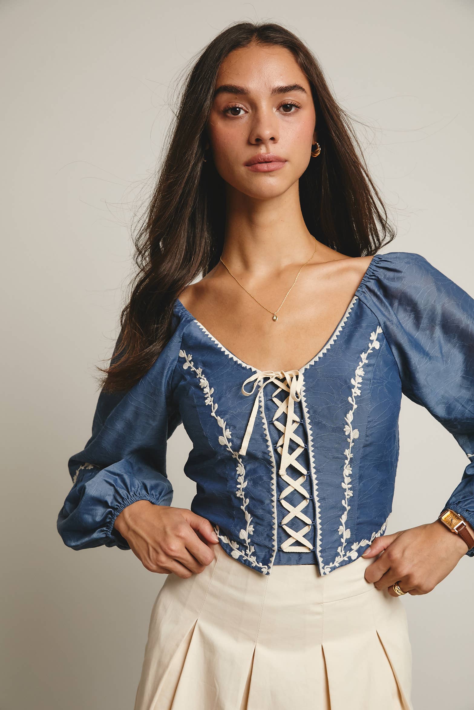 Forte - Wholesale Blouse - Women's - Lace-Up Embroidered Puff Sleeve Top FT0007 19