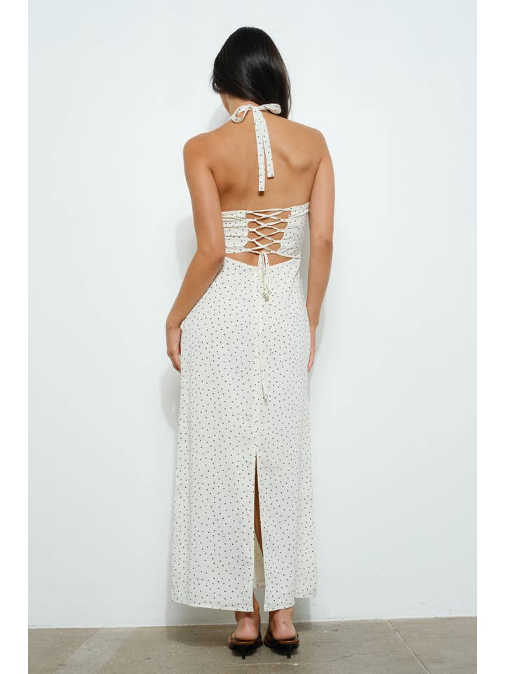Ivory POLKA DOT HALTER NECK MAXI DRESS for wholesale on Faire