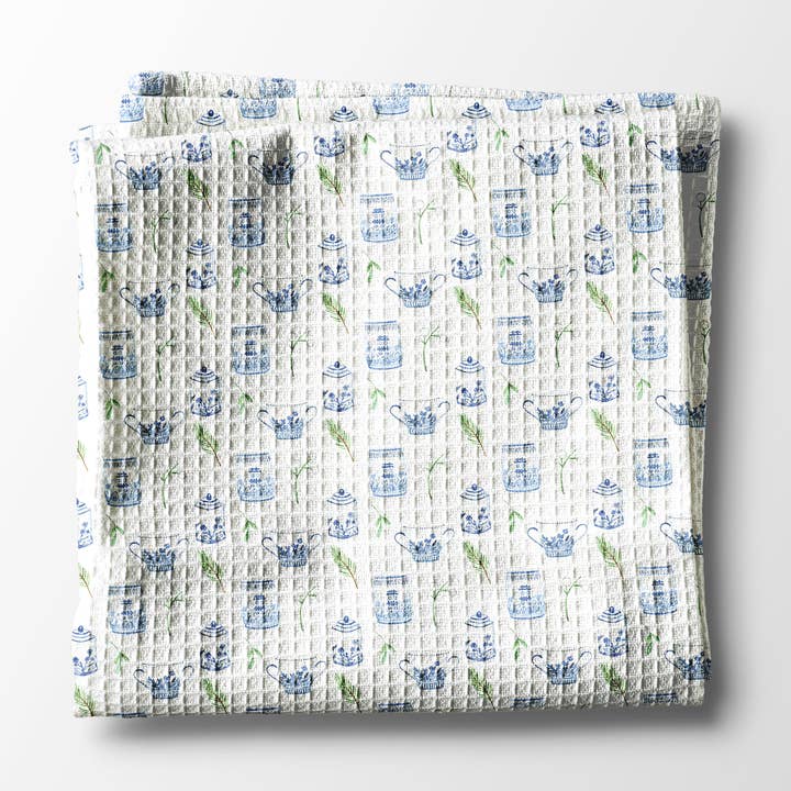 Chinoiserie Floral Kitchen Towel Easter Blue White Spring for wholesale by Canary Road