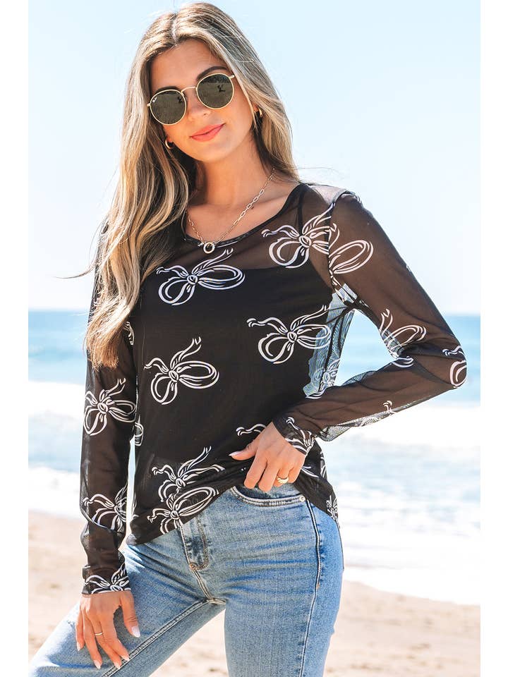 PRETTY BASH - Wholesale Blouse - Women's - Bow Long Sleeve Mesh Top2