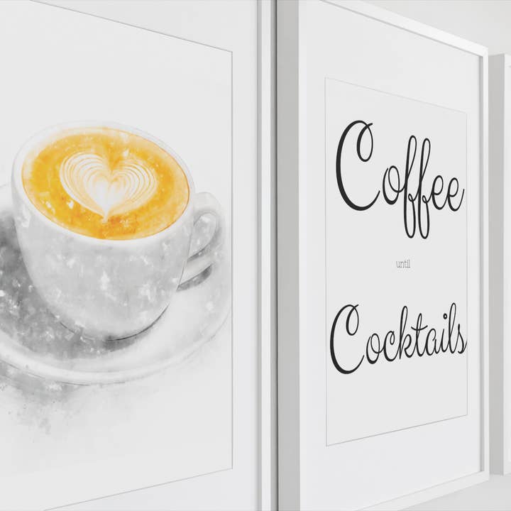 Coffee until Cocktails set di 3 stampe artistiche da parete per la vendita all'ingrosso da parte di Woolly Mammoth Media