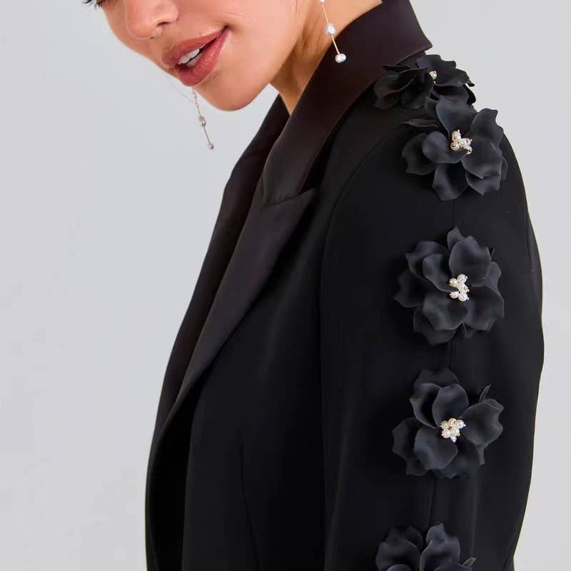 Black SET6-21 Elegant Floral Ruffle Blazer & Flare Pant Suit for wholesale on Faire6