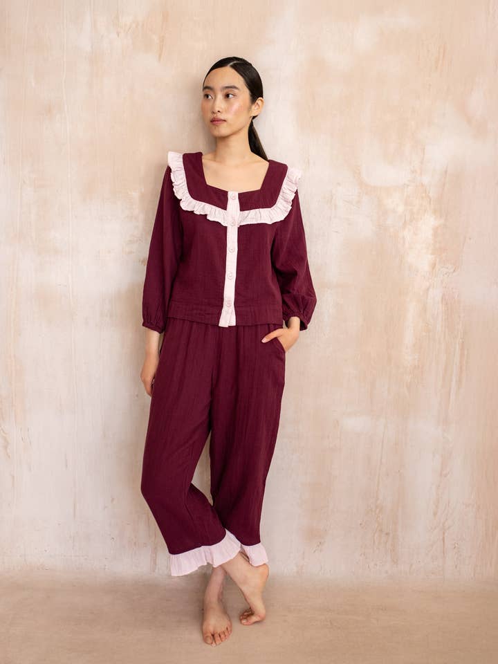 Cropped Cotton Pyjamas in Burgundy Ruffle for wholesale by TBCo