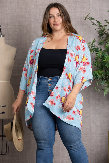 Blue FLORAL PRINT OPEN FRONT PLUS SIZE CARDIGAN-SJ100239 for wholesale on Faire1