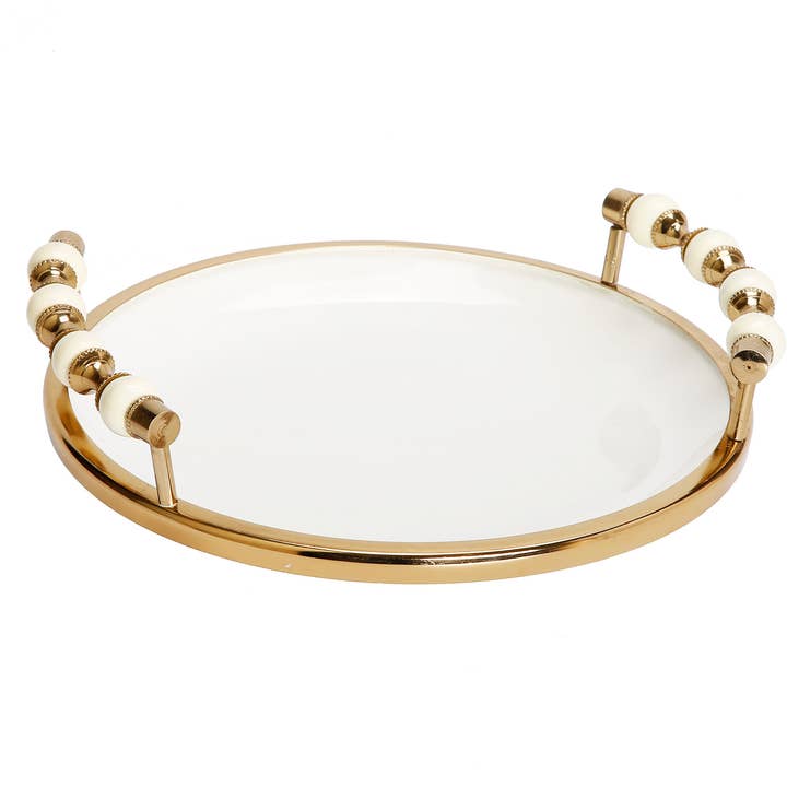 CLASSIC TOUCH DECOR INC. - Wholesale Decorative Plate/Dish/Bowl - White Flat Round Plate with Gold and White Beaded Design
