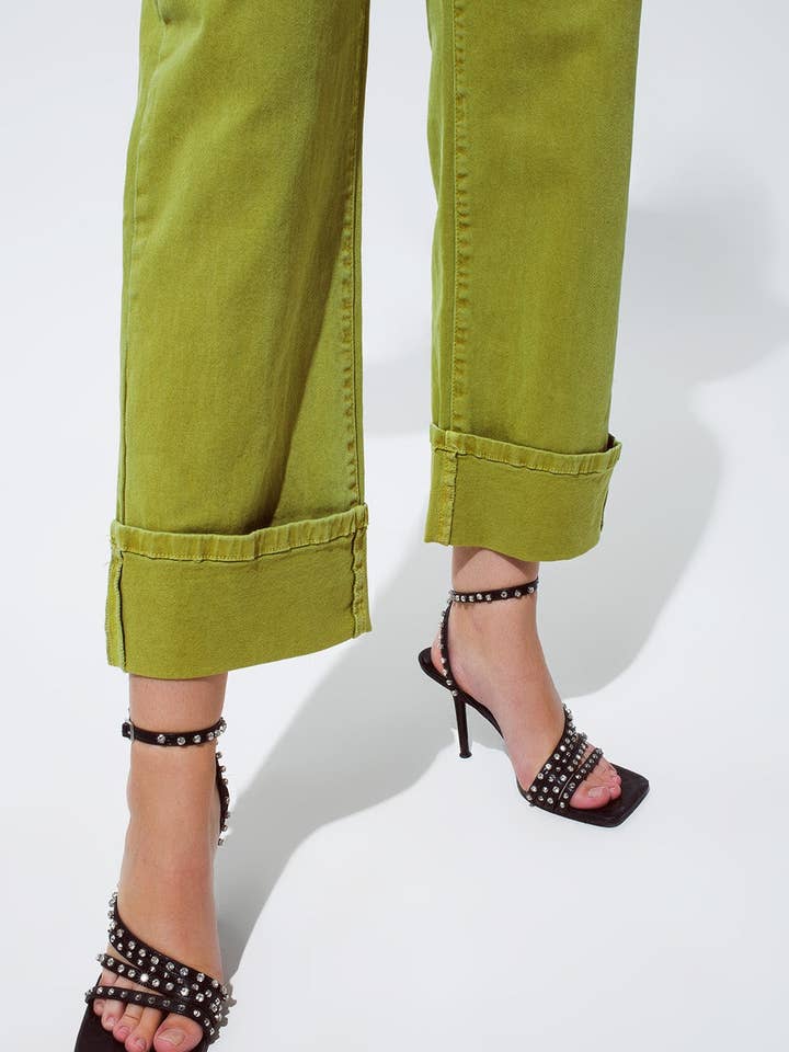 Vert Jean droit à ourlet court en denim stretch vert olive en vente sur Faire1