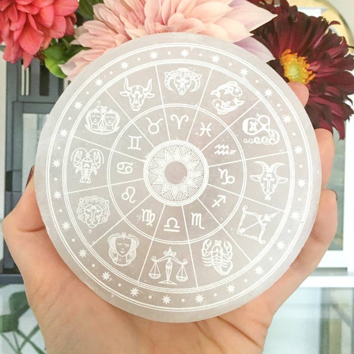 "Zodiac" Round Selenite Charging Plate Crystal Grid for wholesale by Fractalista Designs