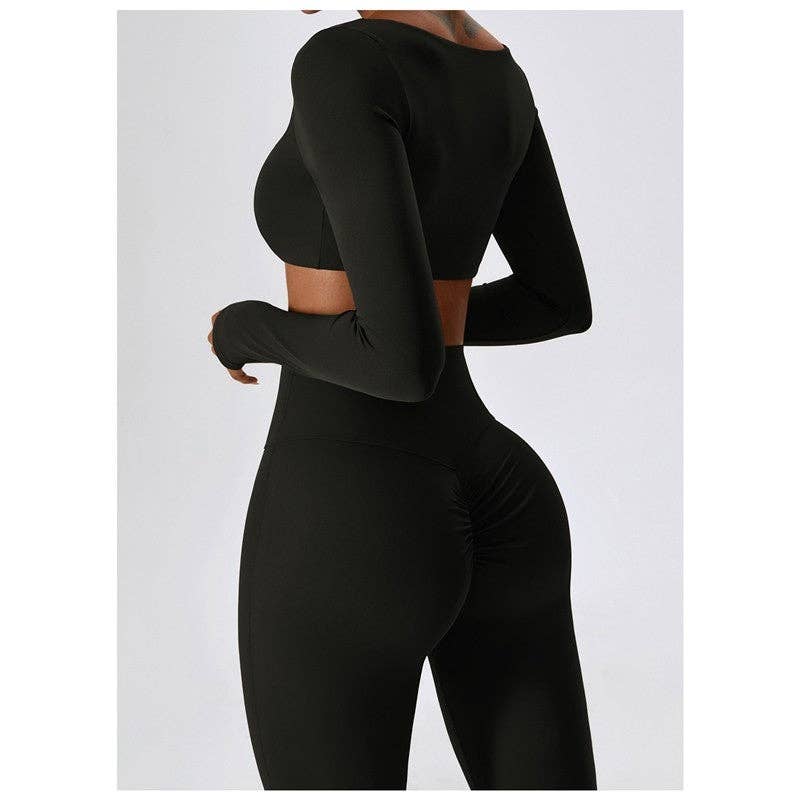 FurDecoration - Wholesale Activewear Set - Women's - Solid Color Square Neck Long Sleeve Cropped Top and Skinny Pants Set4