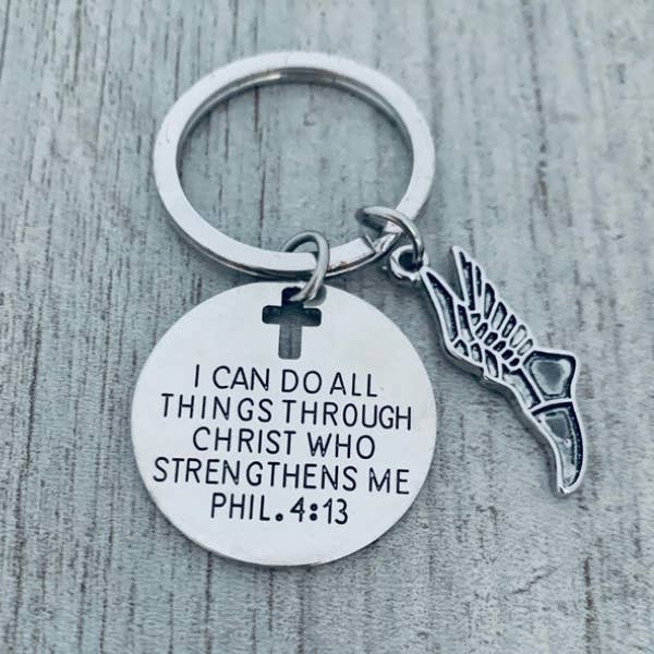 Track and Field Keychain - I Can Do All Things Through Christ Who Strengthens Me for wholesale by Sportybella