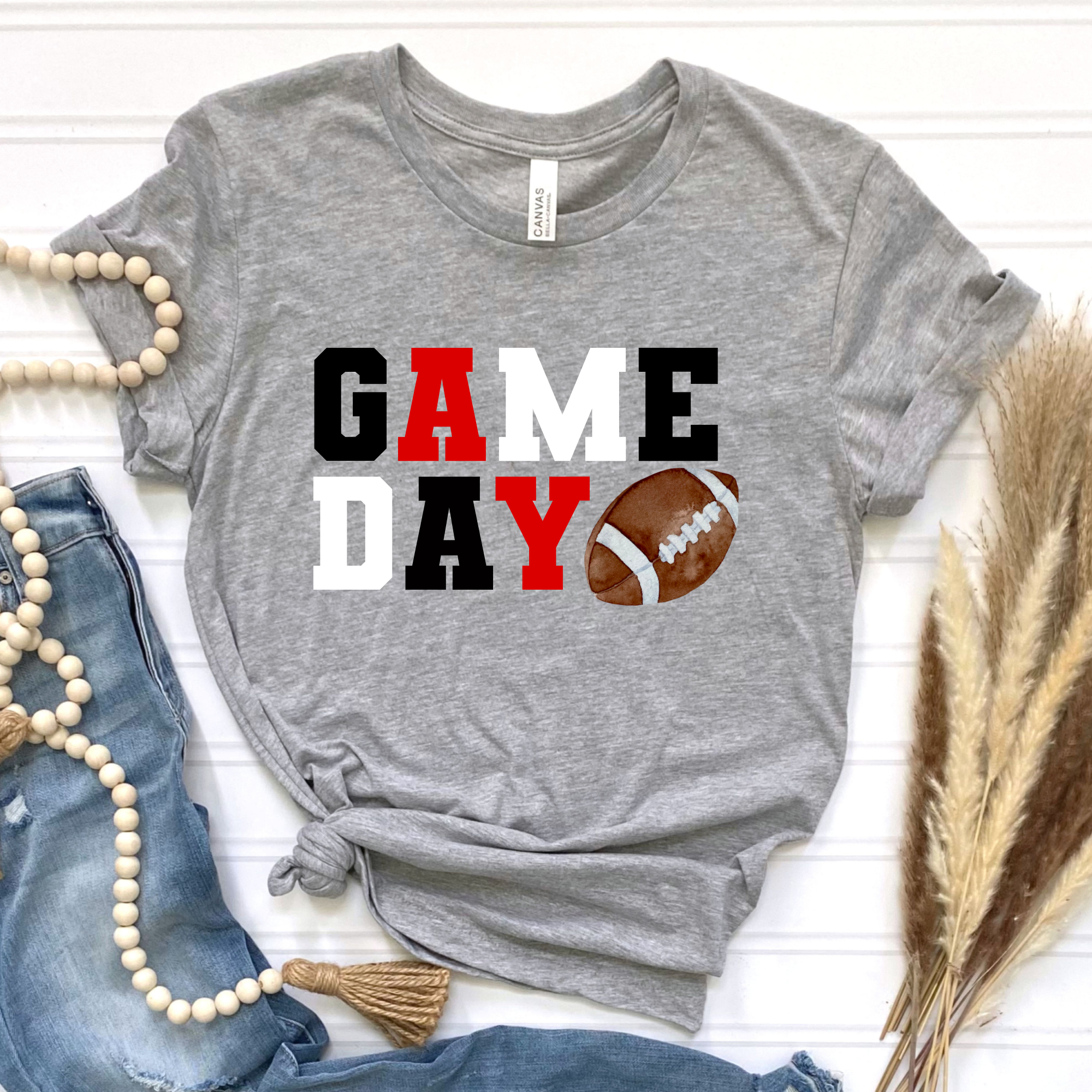 Dixie Grace Mercantile - Wholesale Screen Printed T-Shirt - Women's - Game Day Black, White, Red Graphic Tee0