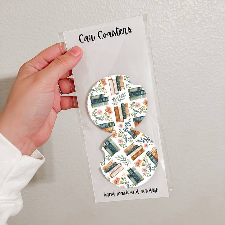 Set of 2 Neoprene Car Coasters | Floral Books (14 Options) for wholesale by Olivia + Rose