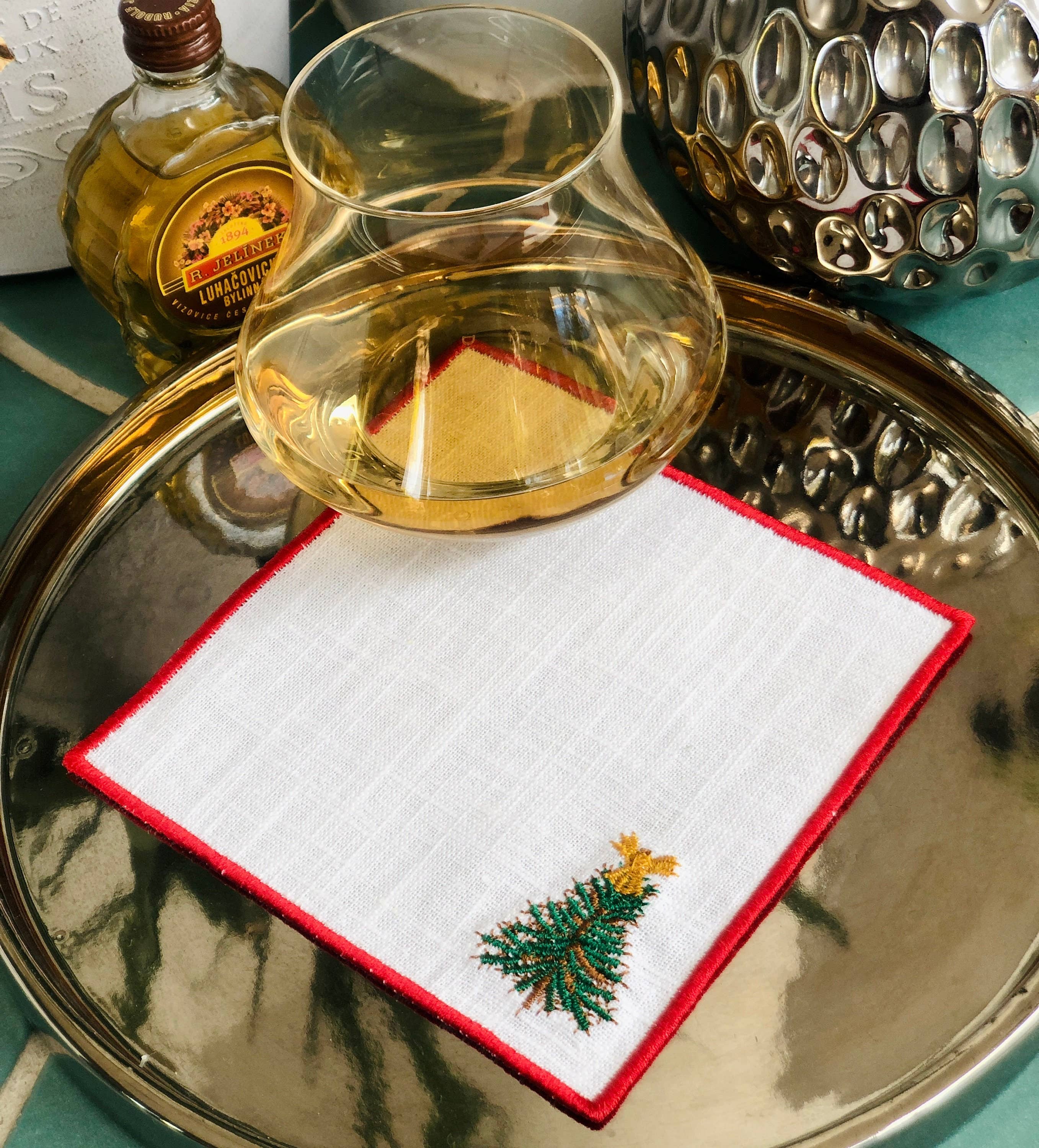 Belle Linen - Wholesale Dinner & Cloth Napkin - Set of 4 Christmas Tree Embroidered Cocktail Napkins4