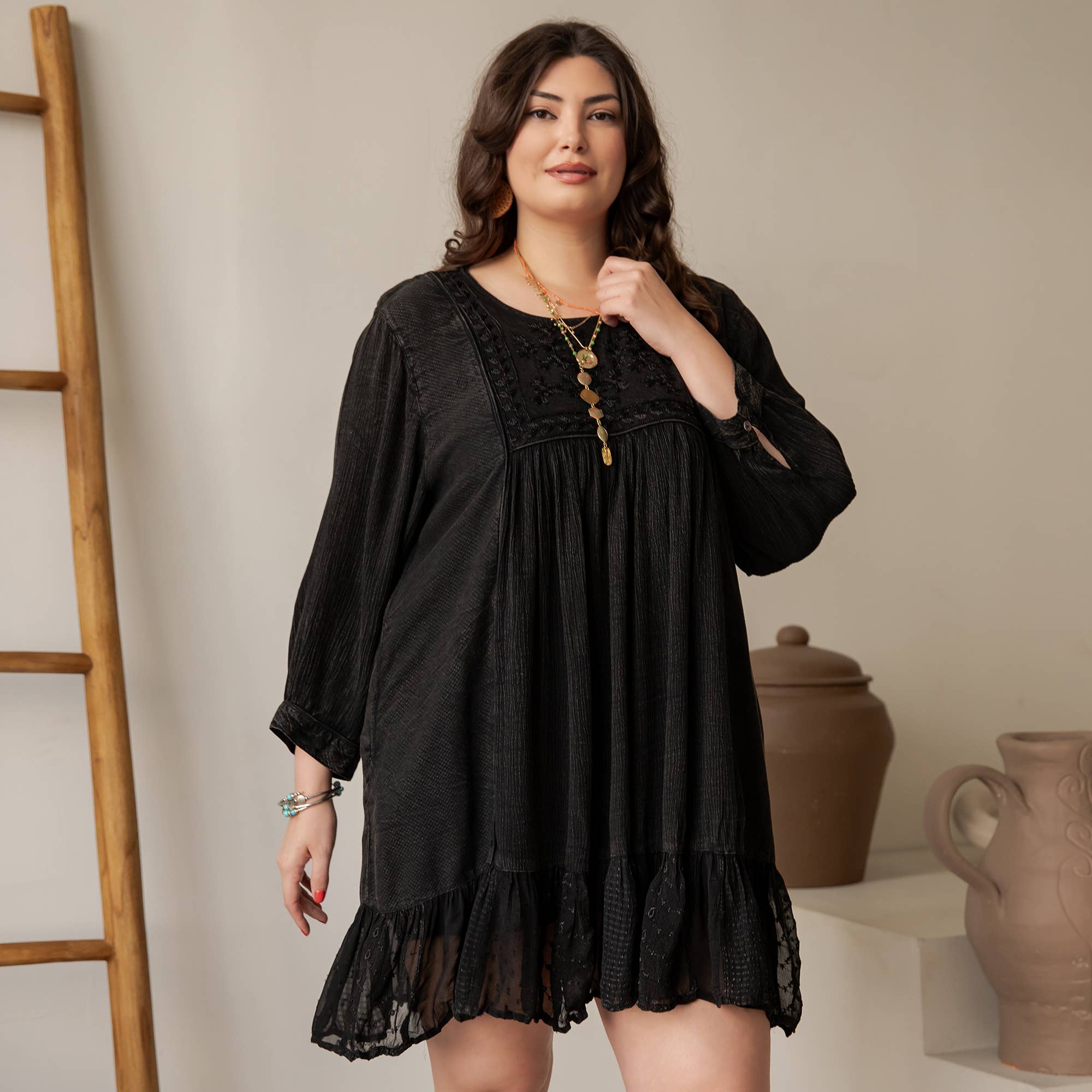 Charcoal Boho Embroidered Ruffle Hem Babydoll Dress ALSO IN PLUS for wholesale on Faire5