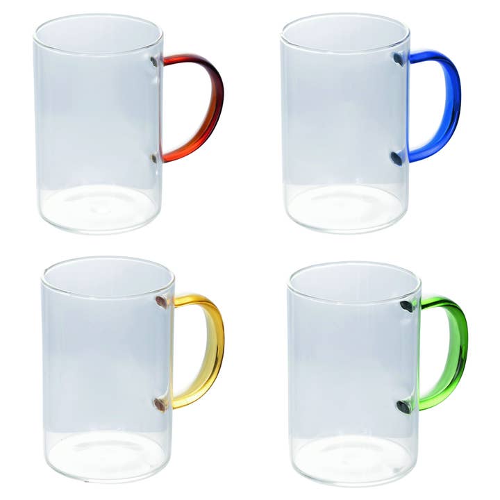 BOROSILICATE MUG WITH HANDLE 370ML 4 ASSORTED for wholesale by VdE Tivoli 1996