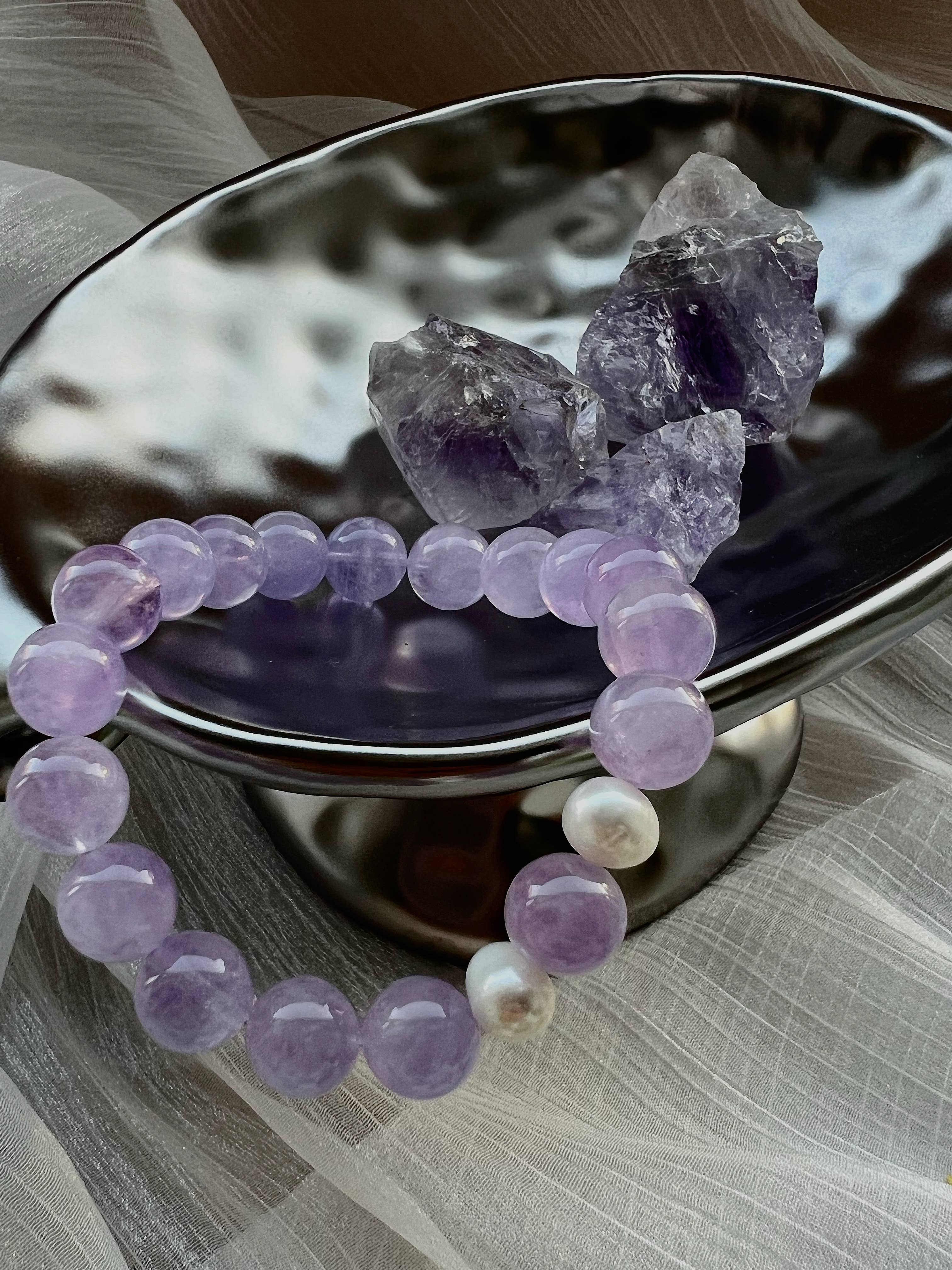 Amaré - Wholesale Beaded Bracelet - Lavender Amethyst & Pearl Bracelet – 10mm Beaded Gemstone6