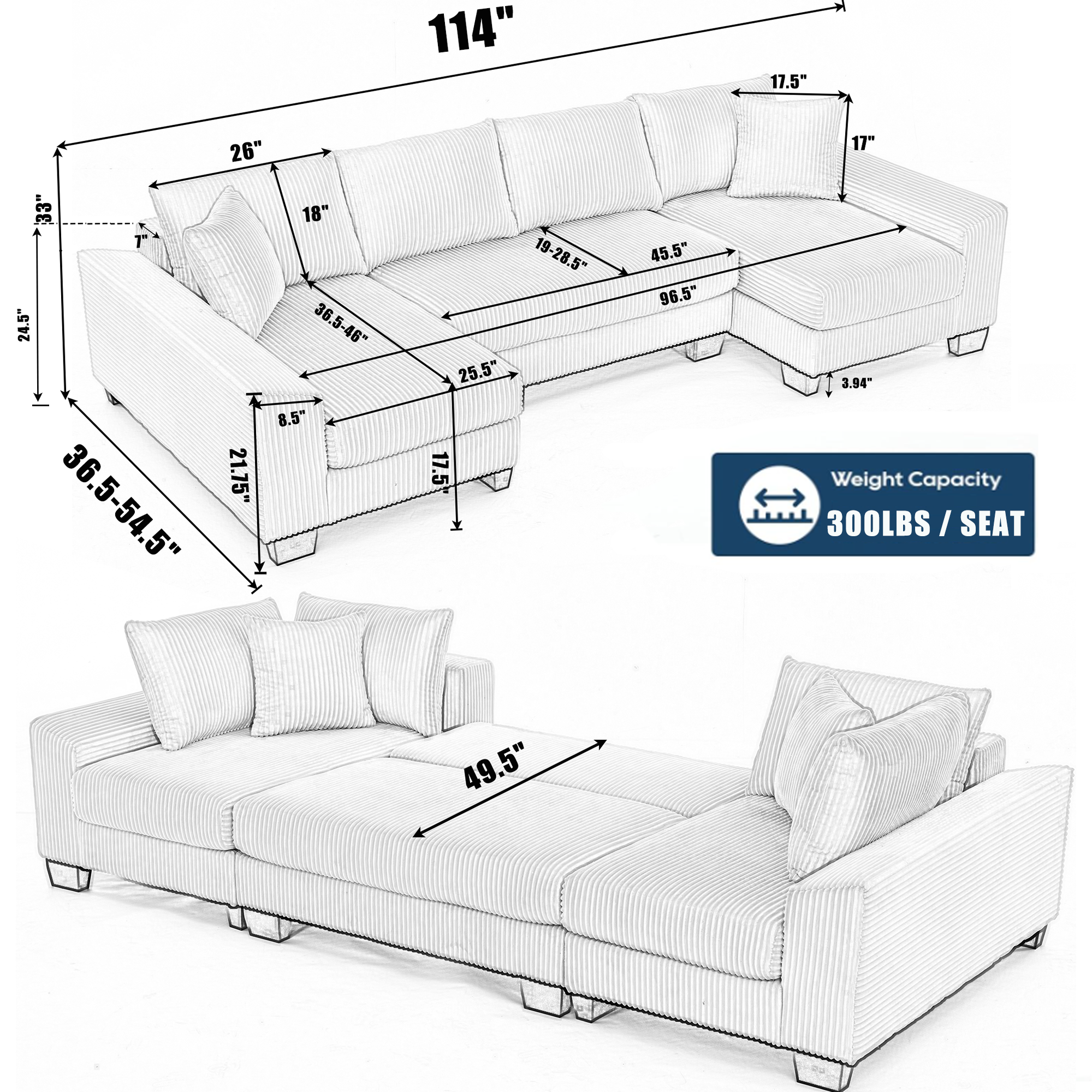 39F Inc. - Wholesale Sofa - 114" U-Shaped Sleeper Sofa with Pull-Out Bed & Chaise4