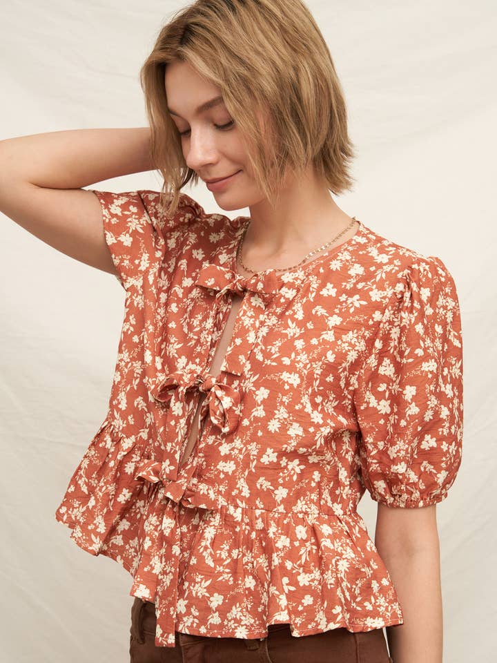 Floral Print Puff Sleeve Peplum Ribbon Top for wholesale by En Crème