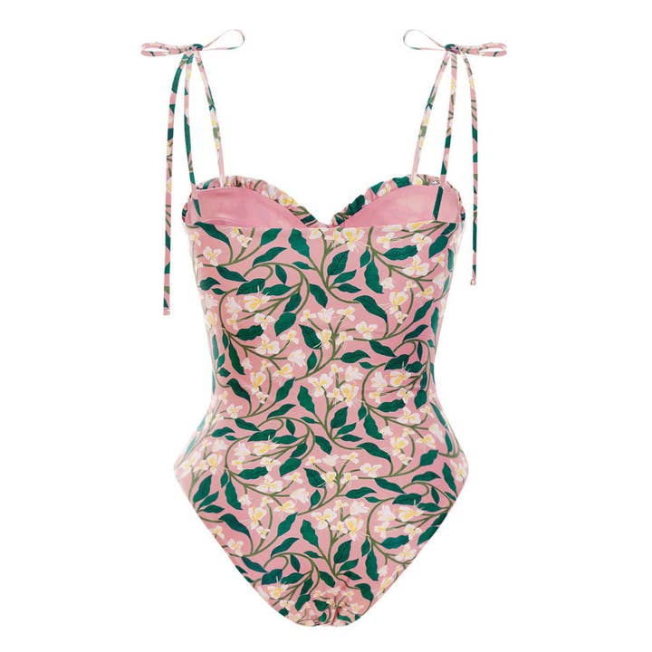 Pink Floral Print Tied Strap Spaghetti Strap One Piece Swimsuit for wholesale on Faire