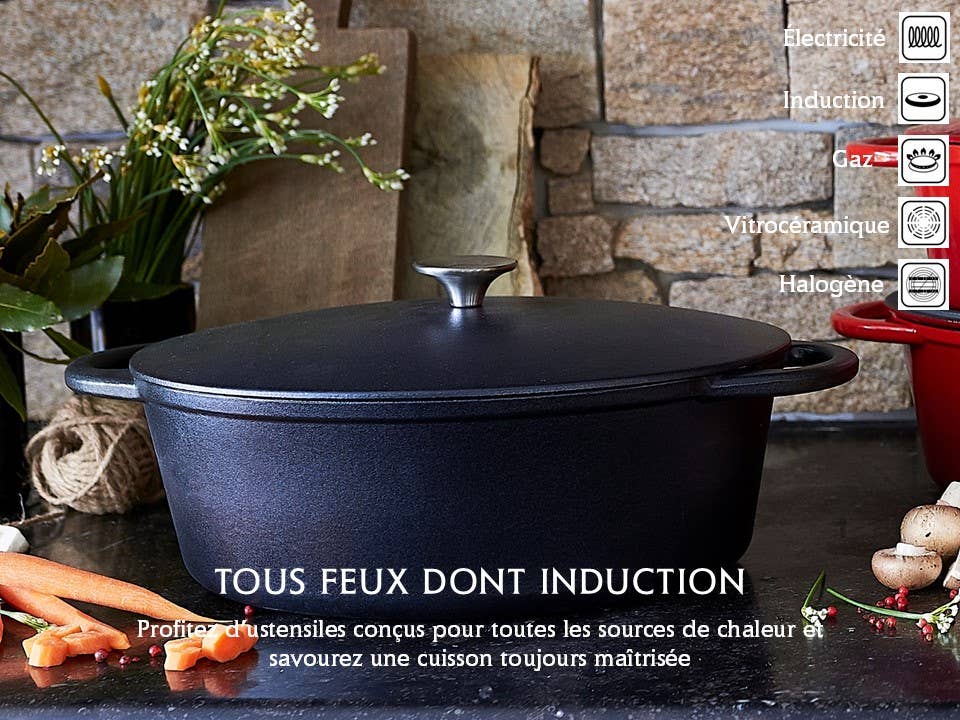 Round Cast Iron Dutch Oven Matte Black 26cm With Lid - Black Interior for wholesale on Faire3