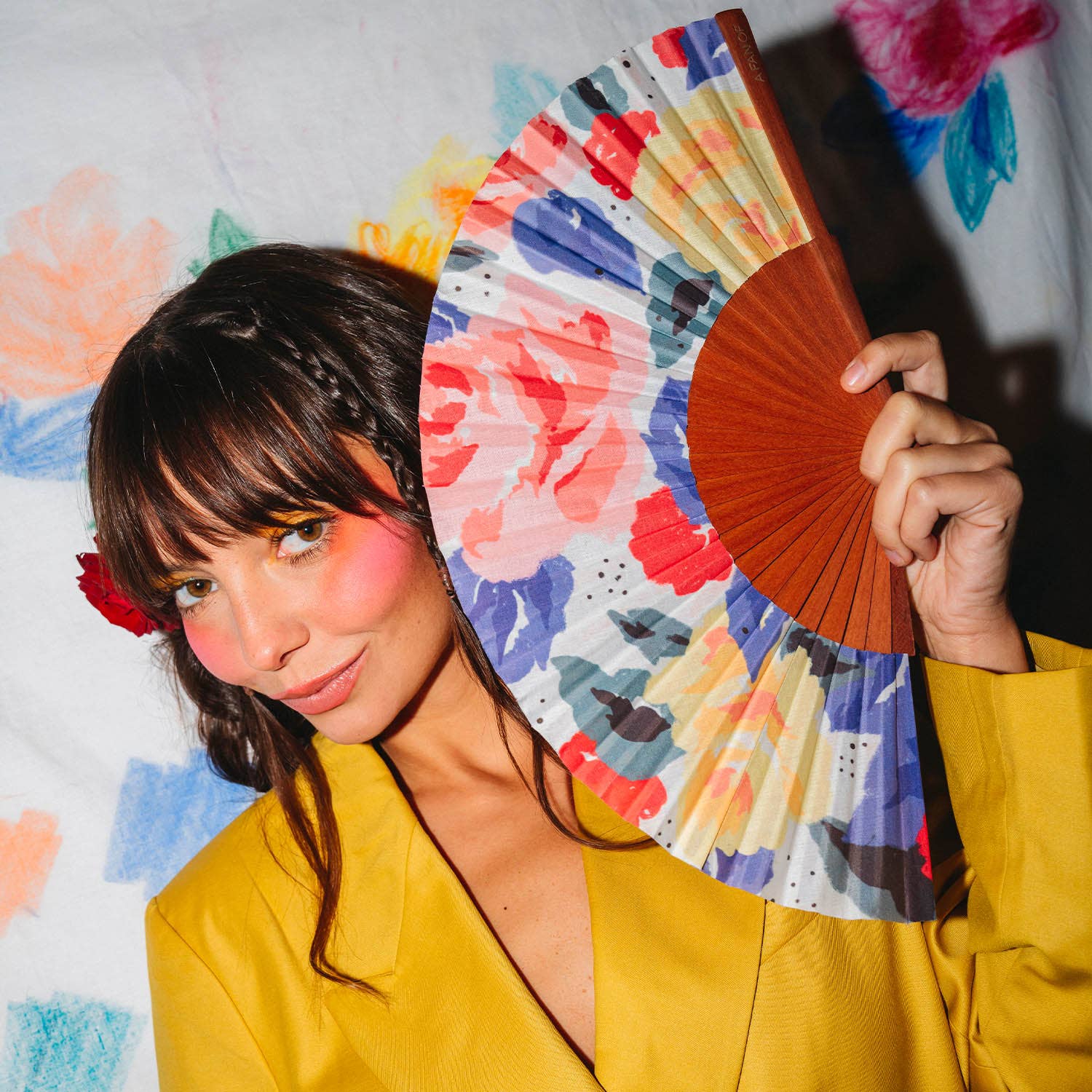 A FAN OF - Wholesale Handheld Folding Fan - FRESH ROSES Fan - Medium - Red, blue, yellow, green1