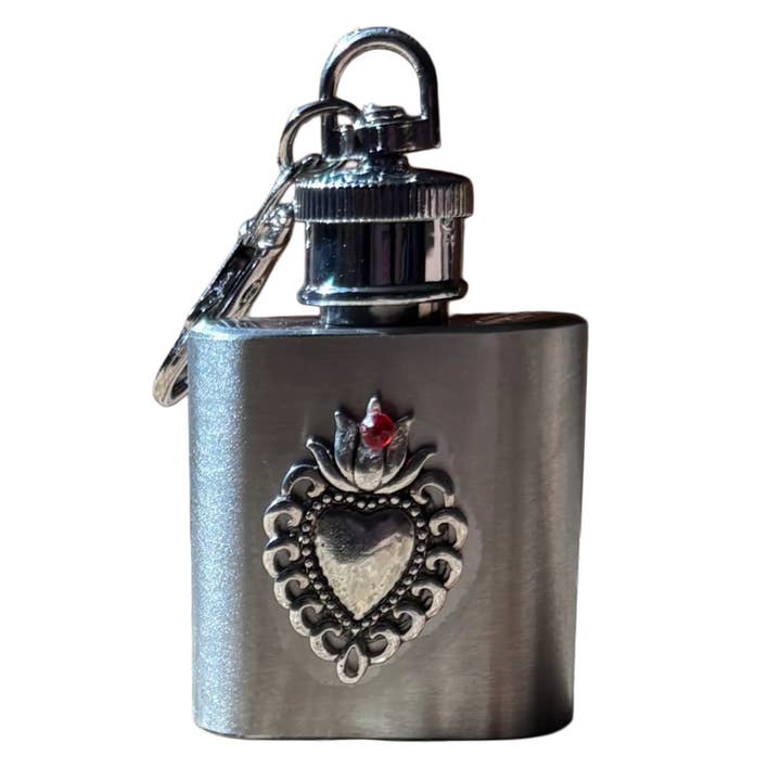 Oremus Mercy - Wholesale Travel Container - Holy Water Flask - Sacred Heart SS w/ Keychain 1 oz1