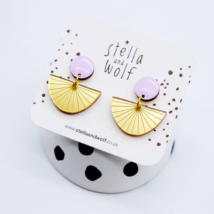 Stella and Wolf - Wholesale Dangle Earrings - Lilac and Gold sunburst deco statement earrings