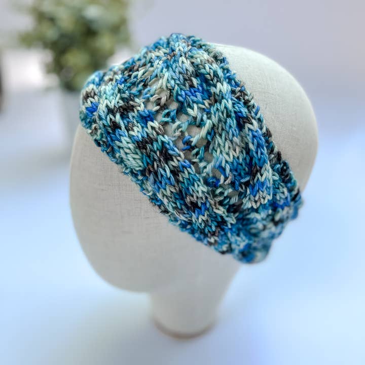 Hand-knit, hand-dyed merino adjustable ear warmer headband for wholesale by Hoagland Handmade