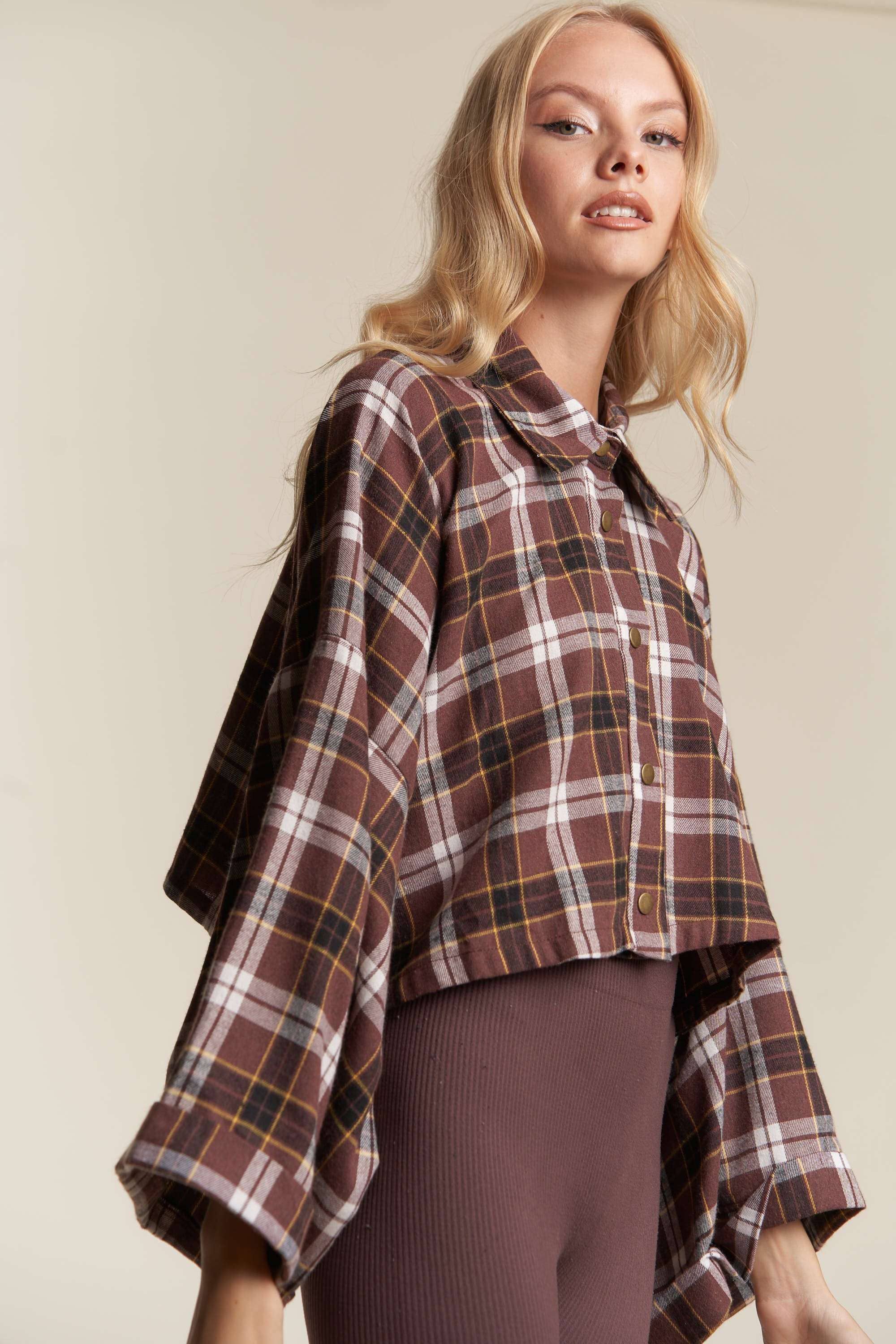 BROWN COMBO WIDE SLEEVE SNAP BUTTON DOWN PLAID SHIRT JACKET for wholesale on Faire11