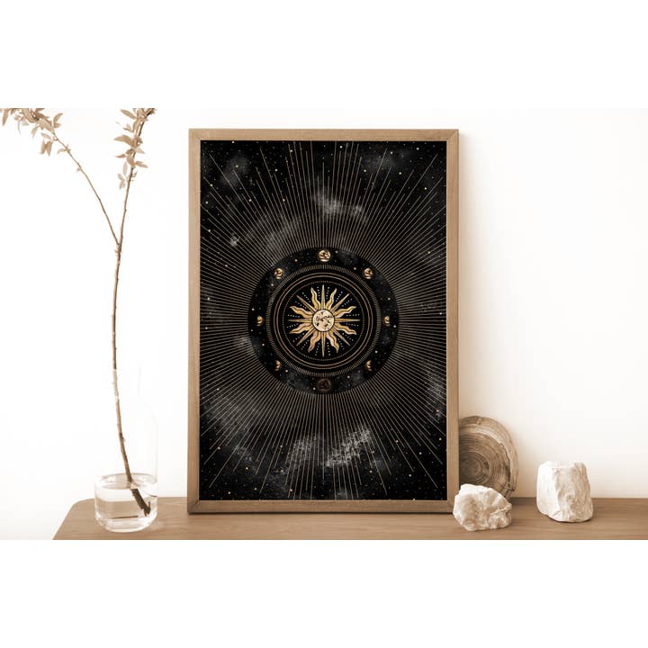 Sun Rays and Moon Phases and Print, Celestial Witchy Poster for wholesale by The Flow Design