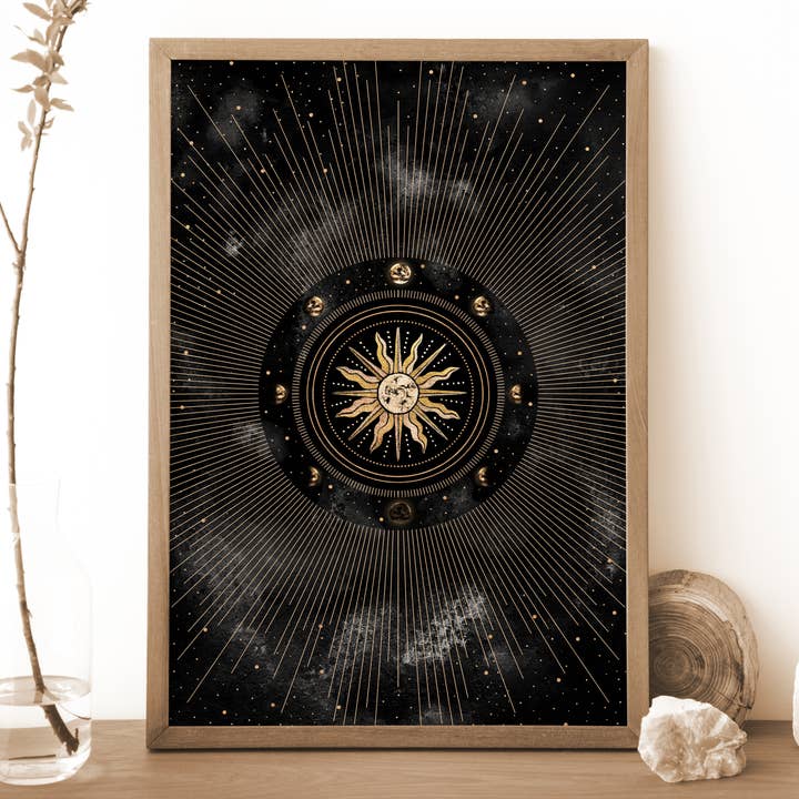 Sun Rays and Moon Phases and Print, Celestial Witchy Poster for wholesale by The Flow Design