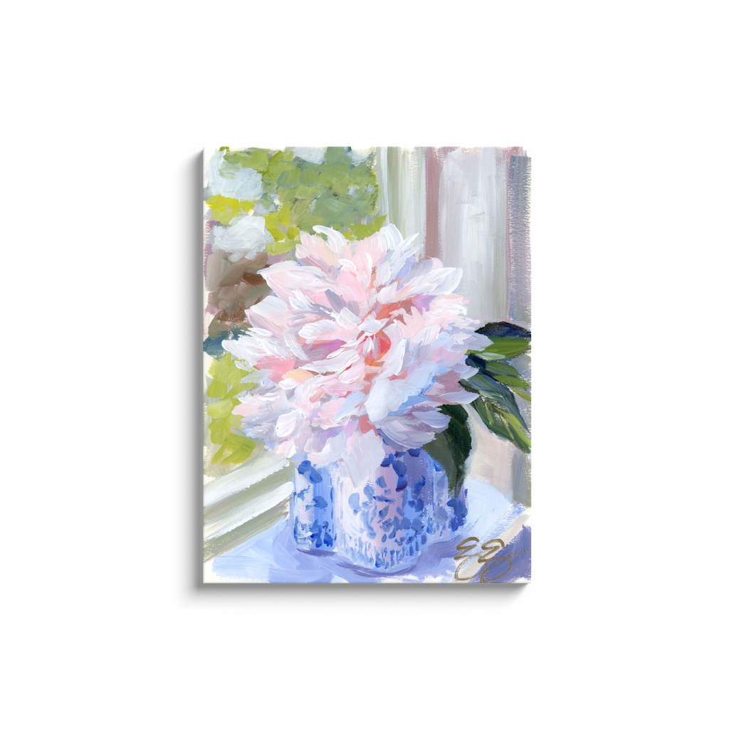 Elizabeth Alice Studio - Wholesale Art Print - No. 396 Sarah Bernhardt peony in blue and white vase, a canvas wrap print25