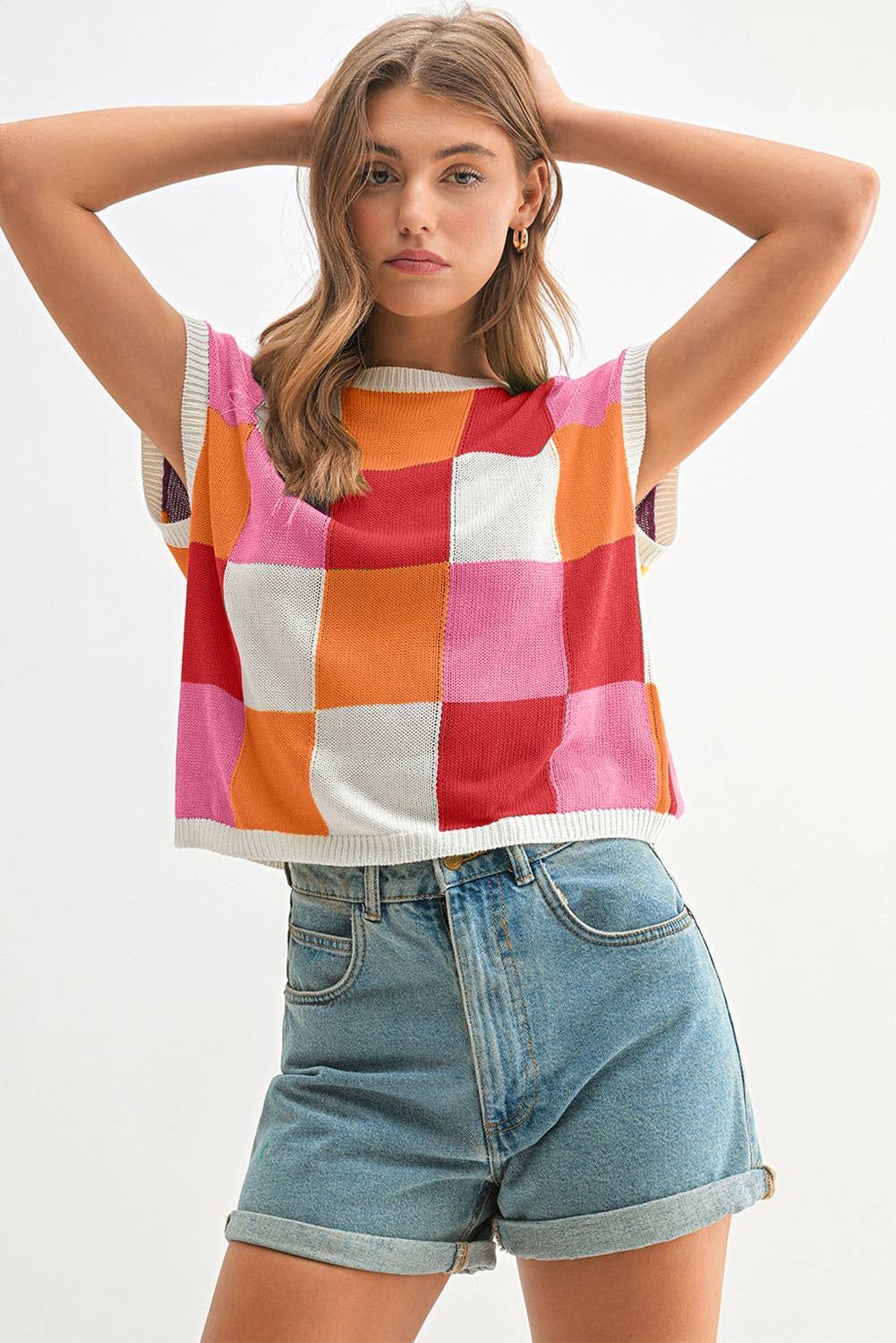 Aapparella - Vente Pull en maille – femme - Haut en tricot à manches courtes colorblock | S-2XL0