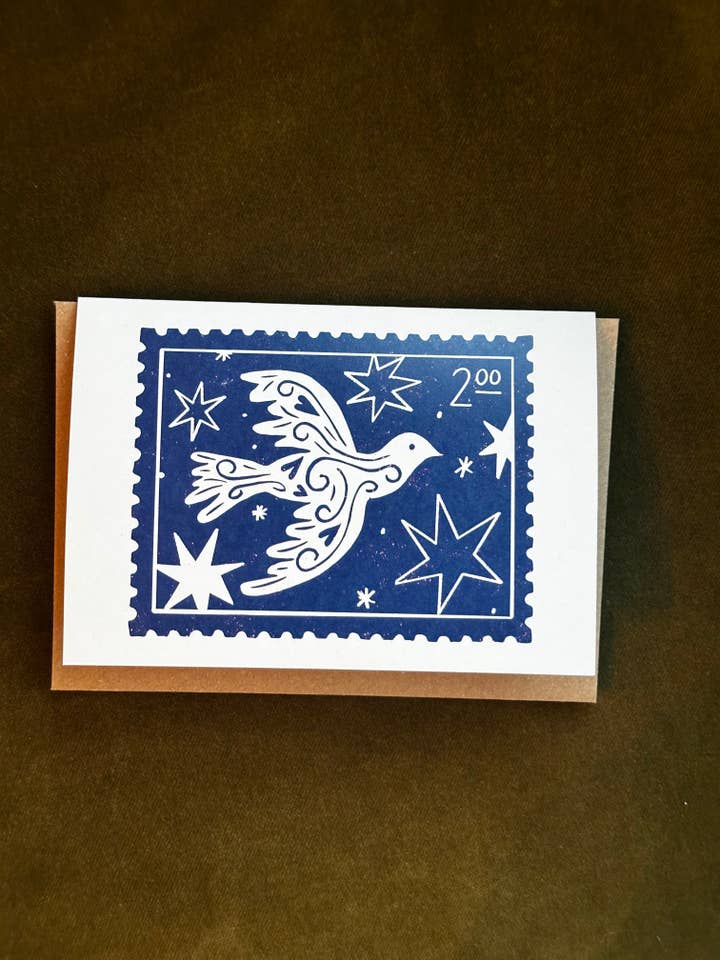 Dove Stamp Lino Christmas Card for wholesale by Megan Hope Studio
