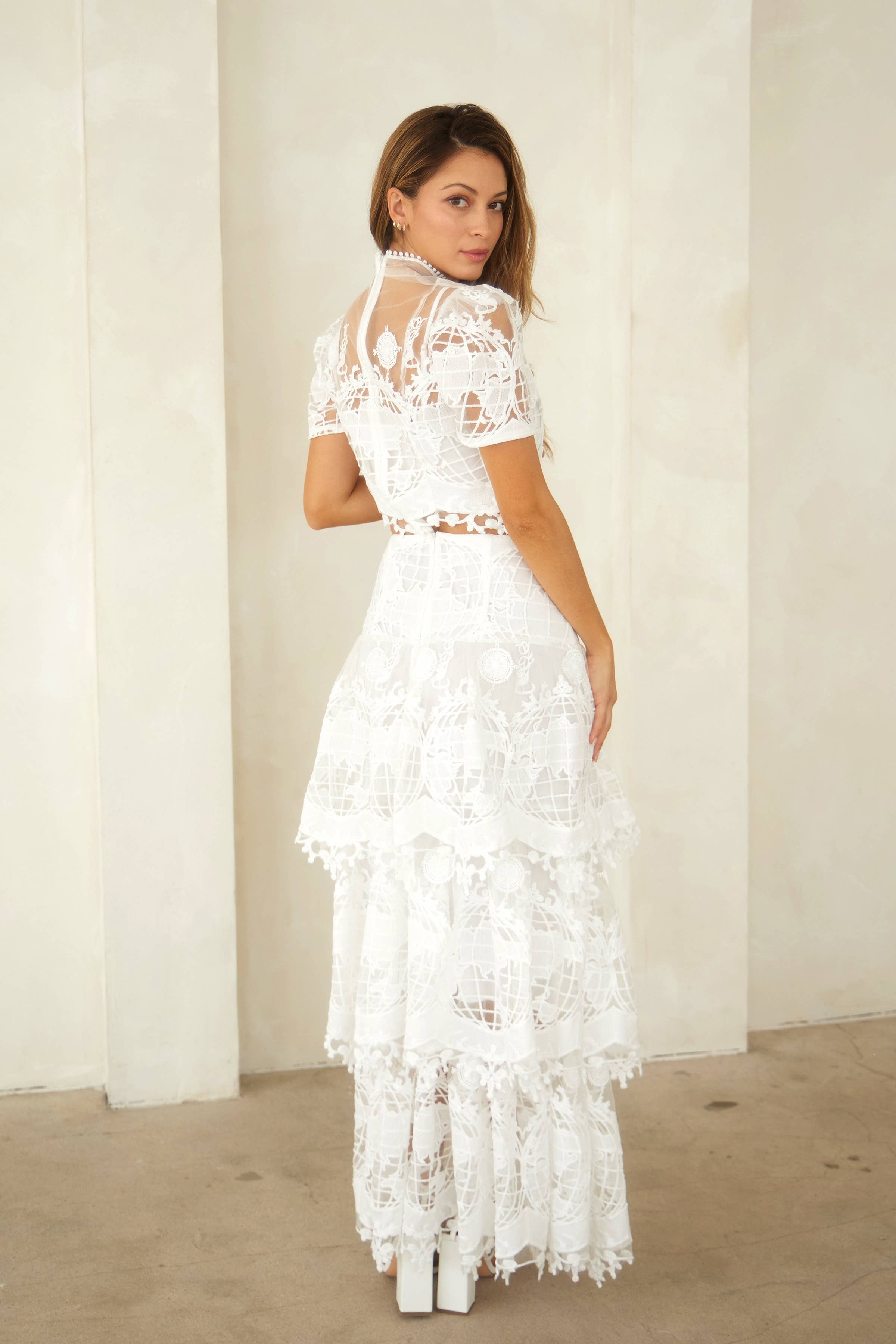 White LS1028 Scalloped Tiered Maxi Skirt for wholesale on Faire2