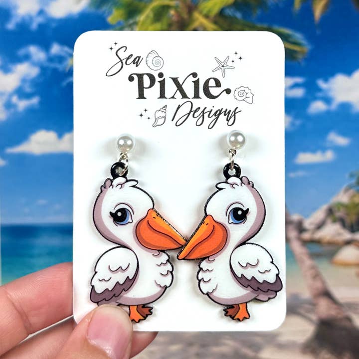 Pelican Bird Tropical Dangle Coastal Summer Earrings for wholesale by Sea Pixie Designs