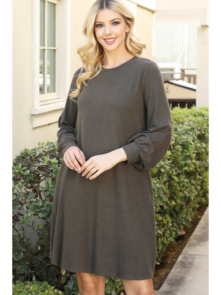 You & Me - Wholesale Dress - Women's - YMD10063V-PUFF LONG SLEEVE HACCI BRUSHED DRESS24