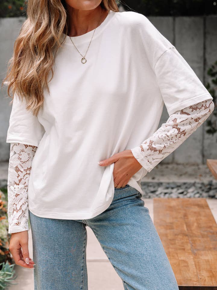 Lace Long Sleeve Drop Shoulder Tee | S-XL for wholesale by Aapparella