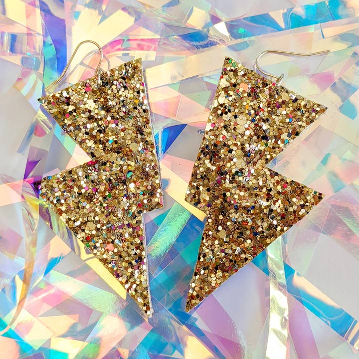 Medium Crushed Pearl Gold Lightning Bolt Earrings for wholesale by All The Discos