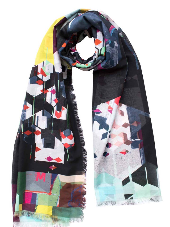 Stola en soie/coton « Hexagones And Bits » 200x140cm pour la vente par EditionMichel