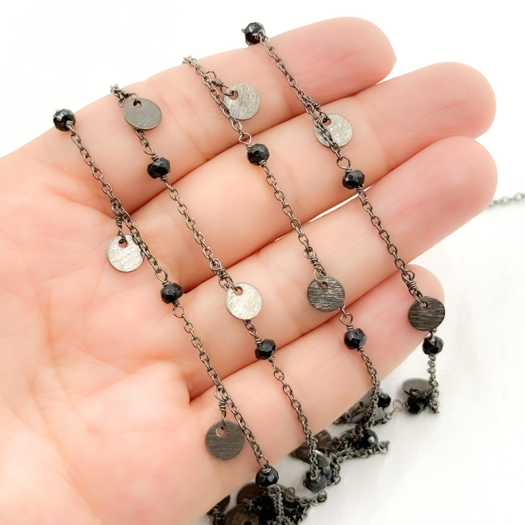 Jewels & Chains - Wholesale Link & Chain Necklace - Black Spinel & Dangle Disc Oxidized Wire Chain. BSP312