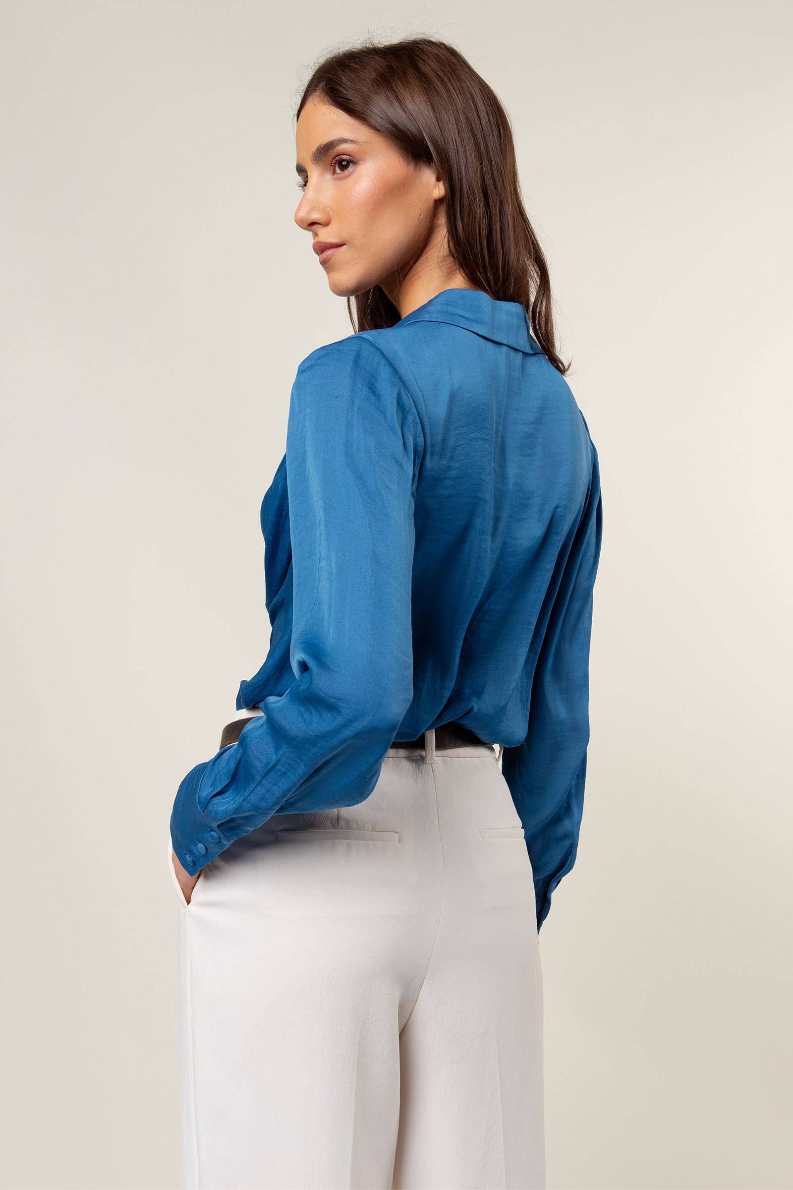 Naked Zebra - Wholesale Blouse - Women's - Draped Cowl Neck Blouse With Buttoned Cuffs1