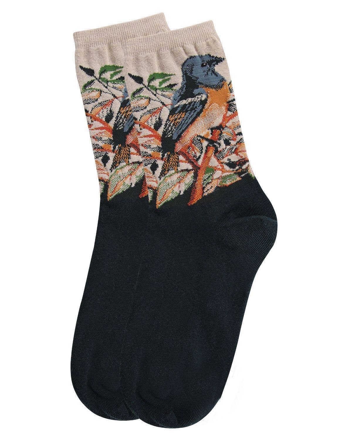 Taupe MeMoi Bird Limited Edition Art Crew Socks for wholesale on Faire2